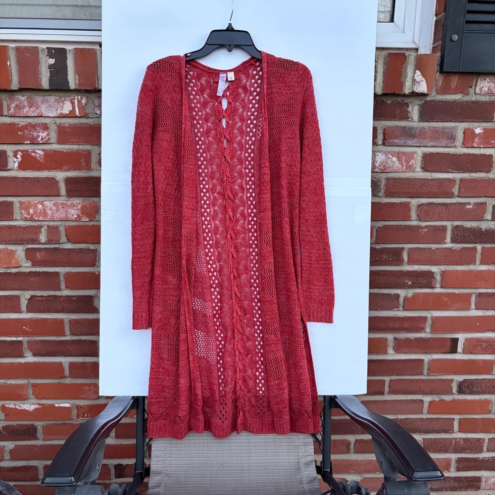 Aliya Women Red Pointelle Crochet Lace Up Back Open Front Cardigan Sweater S